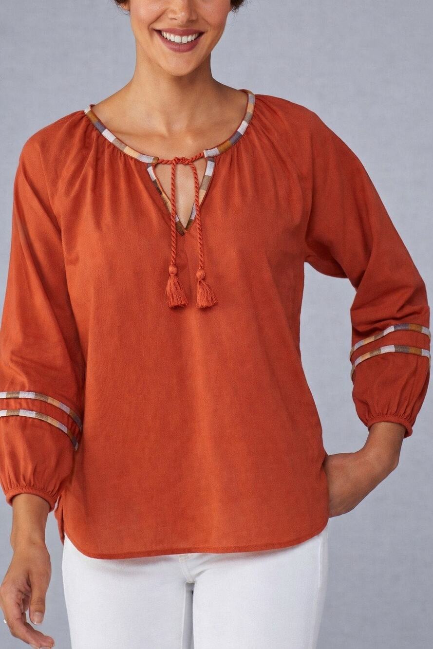 PrAna Dry Chili Atlantis Peasant Top XS Rust Embroidered Organic Cotton Tassel